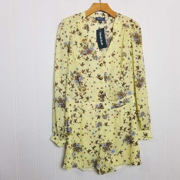 ModCloth Romper Womens Size M Yellow Floral Dragonfly Long Sleeve Jumper - Picture 2 of 14